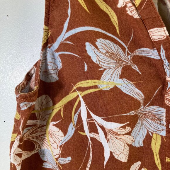 Womens Cynthia Rowley Floral V Neck Linen Blend Button Shirt Sleeveless M Rust B - Picture 4 of 6
